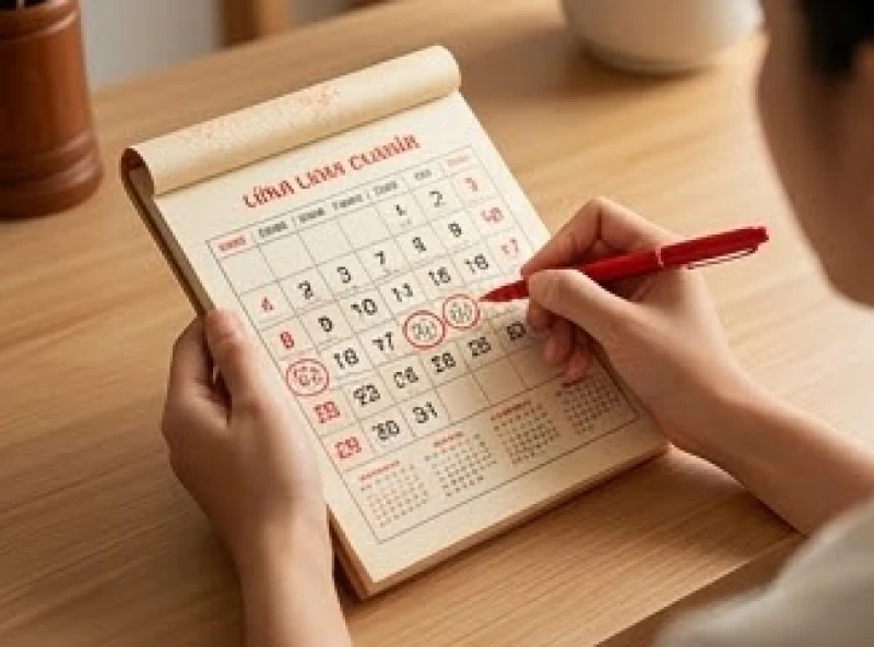 Bàn tay gia chủ đang tra cứu lịch vạn niên để xem ngày tốt nhập trạch hợp ngũ hành