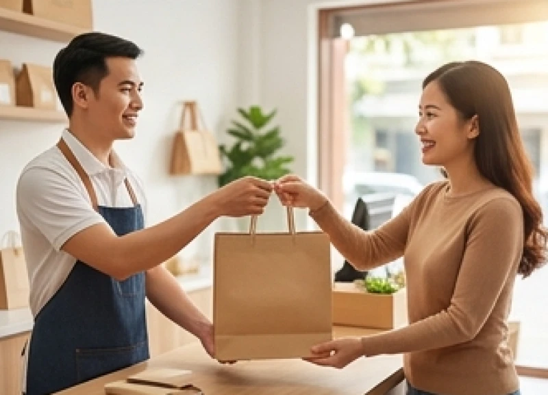 Người khách hàng đầu tiên ăn mặc lịch sự đang vui vẻ nhận túi đồ mua sắm từ tay chủ cửa hàng
