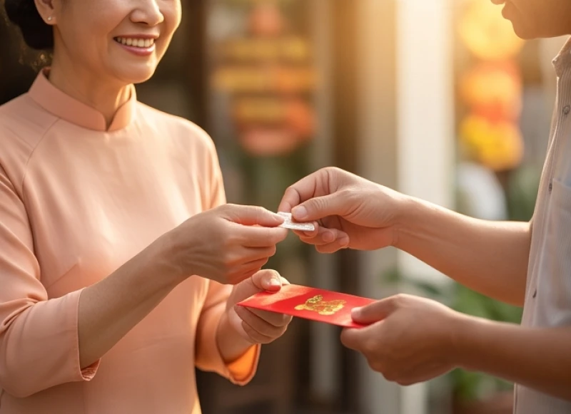 Tuổi Thìn khai trương ngày nào tốt: Giờ đẹp và văn khấn chuẩn 9 Hai người đang vui vẻ trao đổi món hàng và tiền lẻ may mắn trong giao dịch đầu tiên của ngày khai trương