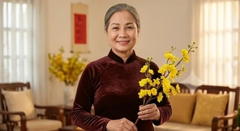 Gia chủ tuổi Dần chọn người xông đất năm 2027: Bảng tra nạp âm 8 Chân dung người phụ nữ lớn tuổi có nụ cười phúc hậu và mặc áo dài nhung sang trọng ngày Tết