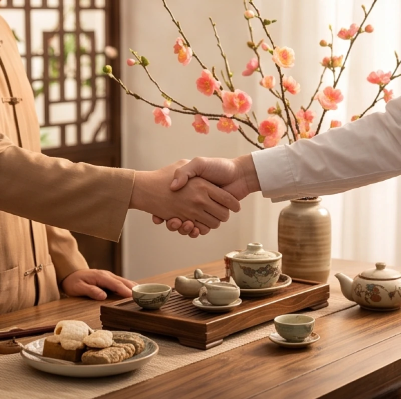 Hai bàn tay bắt tay nhau cạnh khay trà truyền thống đón lộc đầu năm