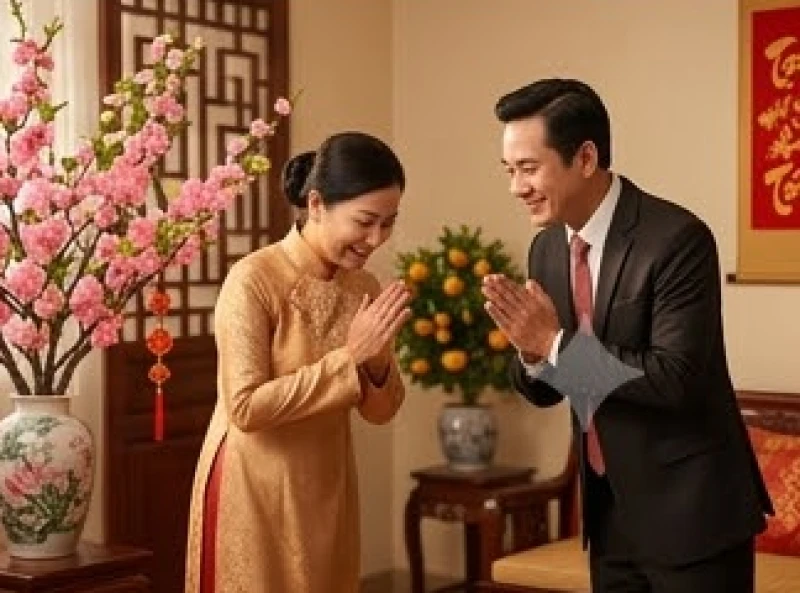 Tử vi tuổi Kỷ Sửu 2009 năm 2026: Cẩm nang thi cử và giải hạn 11 Gia chủ vui vẻ đón khách đến xông nhà đầu năm mới trong không gian phòng khách rực rỡ hoa đào