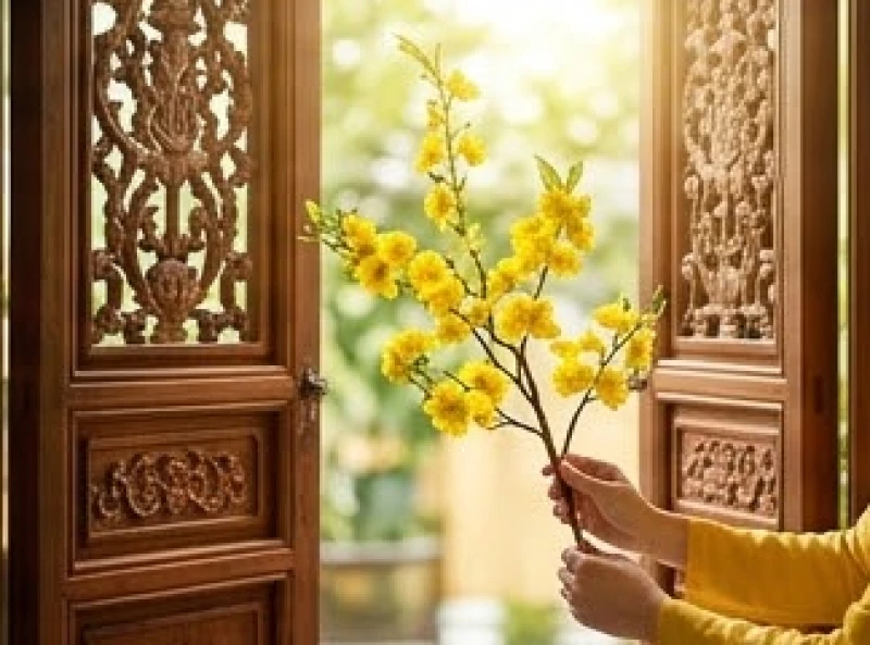 Một người mang theo cành mai vàng tươi thắm bước vào qua cánh cửa gỗ truyền thống trong nắng sớm