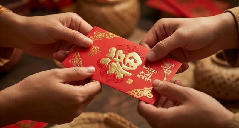 Hai người mỉm cười trao nhau phong bao lì xì đỏ ngày mùng 1 Tết mang lại sự may mắn