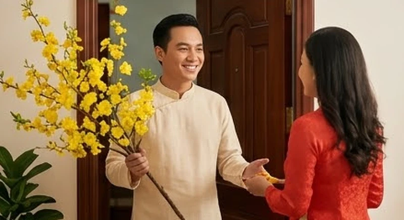 Gia chủ vui vẻ đón khách đến xông đất mở hàng mang lại may mắn đầu năm mới