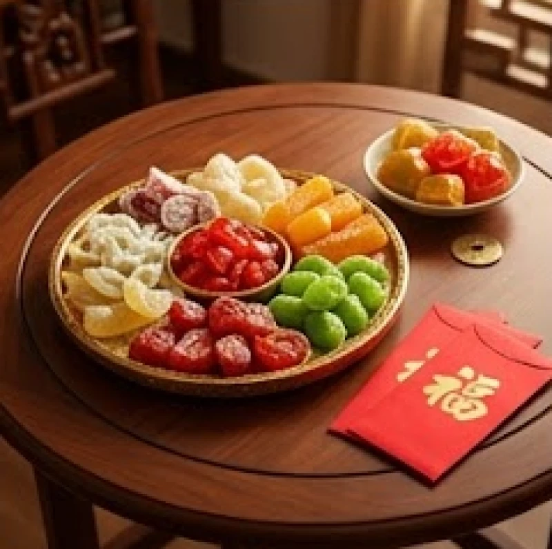 Khay mứt Tết truyền thống và những bao lì xì đỏ tươi chuẩn bị đón khách xông nhà