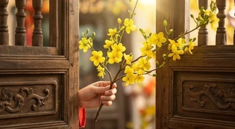 Cành hoa mai vàng nở rộ được mang qua khung cửa gỗ truyền thống tượng trưng cho người xông đất
