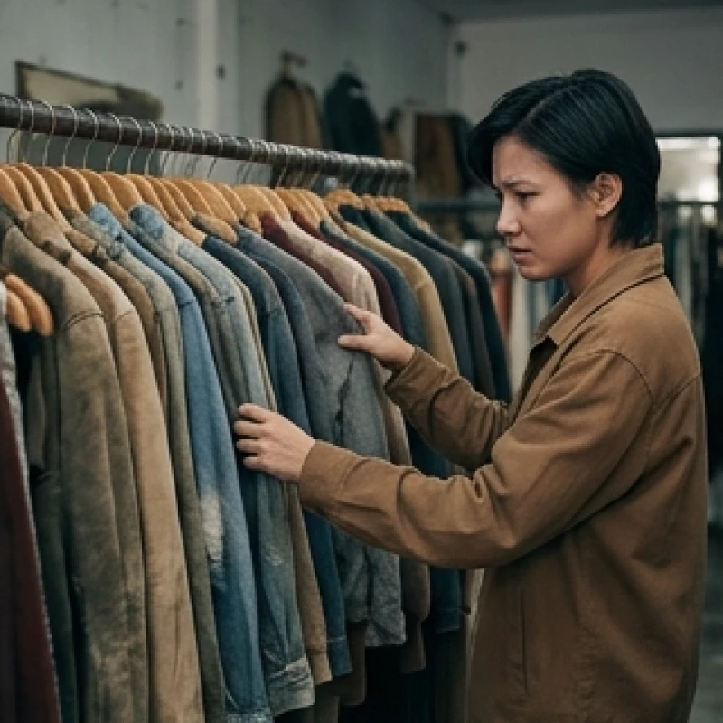 Mơ thấy mua quần áo: Giải mã chi tiết và bảng tra số tài lộc 4 Một người đang băn khoăn đứng trước giá treo những bộ trang phục đã cũ và sờn màu