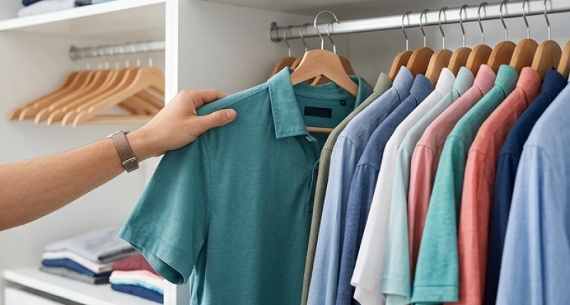 Màu trang phục hợp tuổi Tý: công thức phối riêng nam và nữ 13 Bàn tay đang chọn một chiếc áo sơ mi màu sắc tươi sáng từ tủ quần áo gọn gàng.