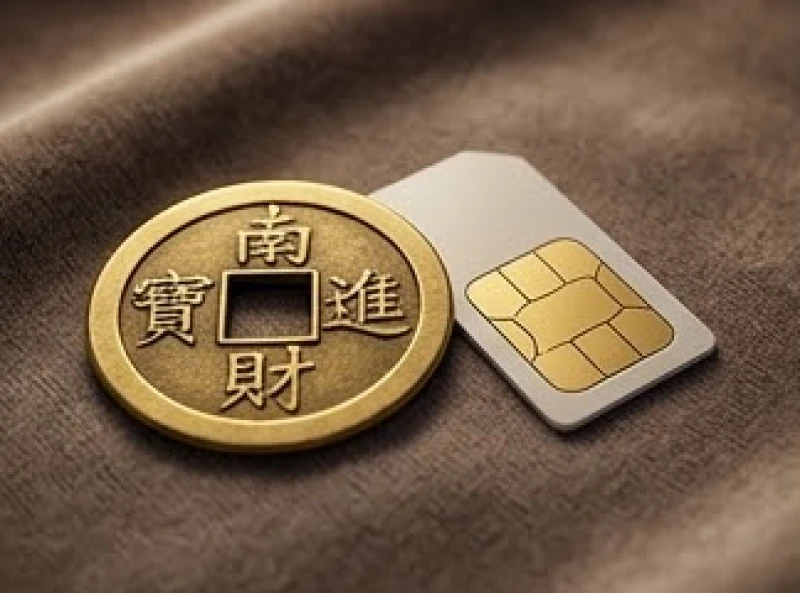 Đồng tiền xu cổ đặt cạnh một chiếc thẻ sim điện thoại nhỏ bé nhằm thu hút vượng khí