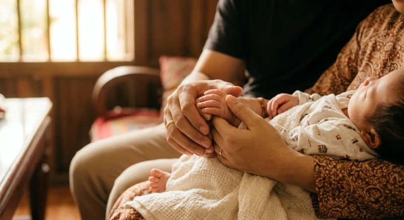 Bàn tay ấm áp của bố mẹ đan chặt vào nhau nhẹ nhàng nâng đỡ đôi bàn tay bé xíu của trẻ sơ sinh lúc chào đời