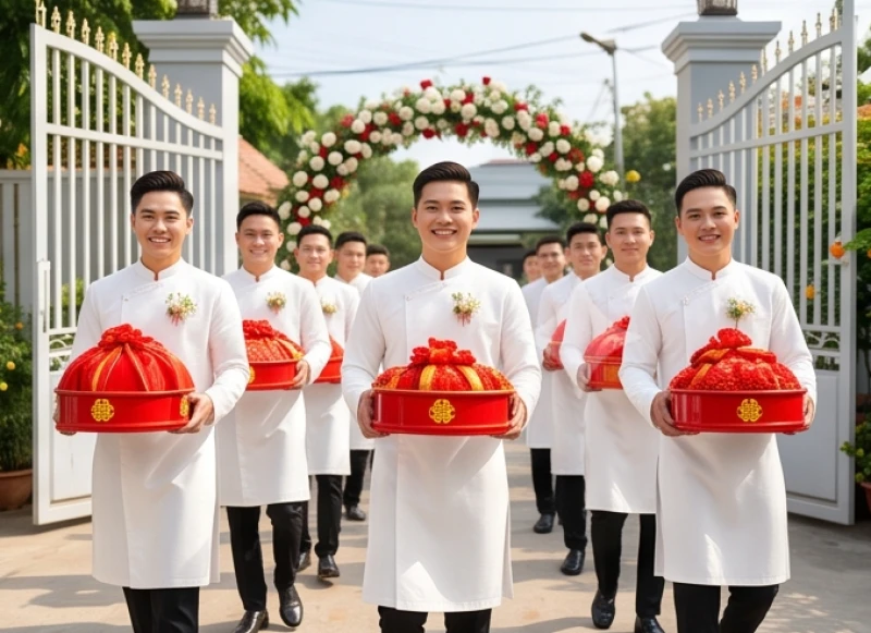 Đội bê tráp trong trang phục áo dài đồng phục tươi tắn bê mâm quả đỏ rực tiến vào cổng nhà gái ngày vu quy