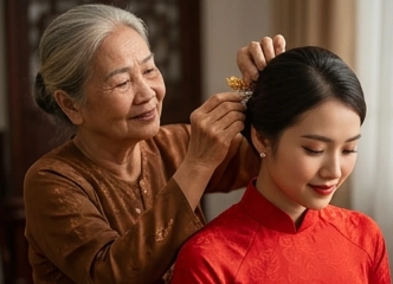 Mẹ chồng cài trâm cài tóc và trao nữ trang cho cô dâu trong không khí ấm áp của ngày rước dâu
