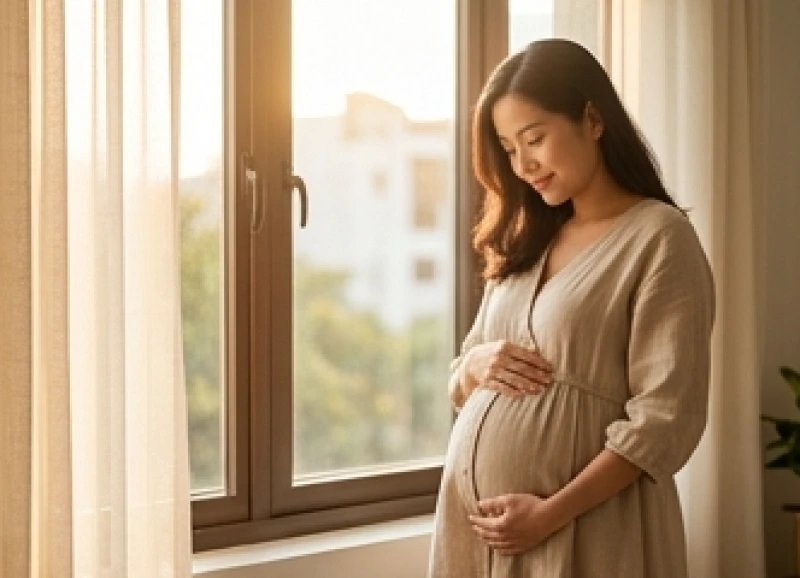 Mẹ bầu đang âu yếm vuốt ve bụng mình bên khung cửa sổ ngập tràn ánh nắng tự nhiên