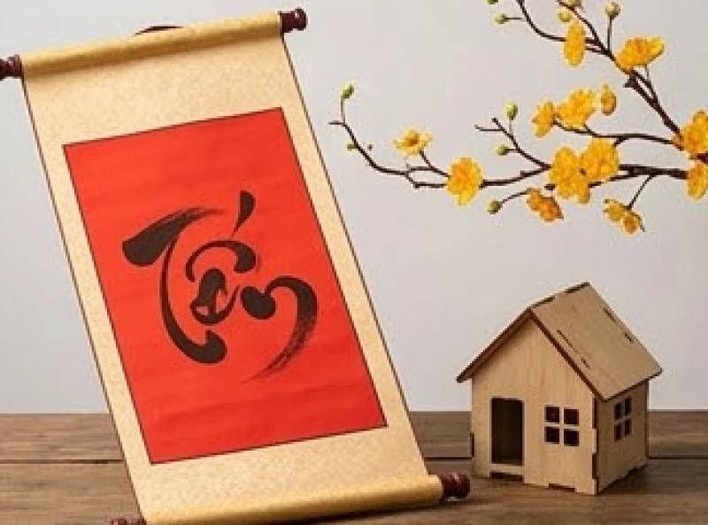 Cuộn giấy đỏ viết thư pháp chữ Hỷ và mô hình ngôi nhà nhỏ bằng gỗ đại diện cho những hỷ sự quan trọng trong đời người