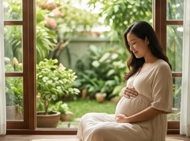 Người mẹ thanh thản ôm bụng bầu tận hưởng ánh nắng ban mai trong không gian ngập tràn sắc xanh của hành Mộc