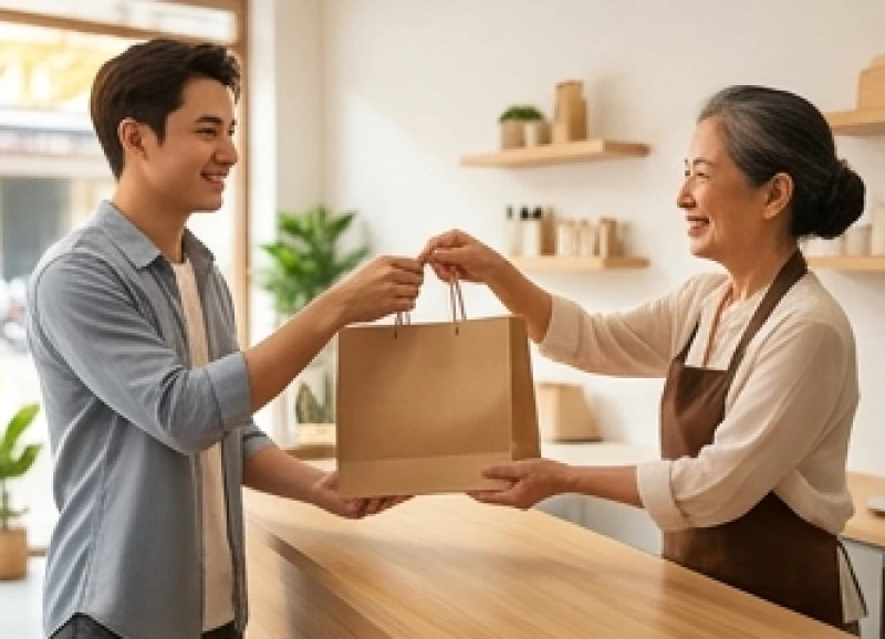 Khách hàng đầu tiên vui vẻ nhận túi quà nhỏ từ chủ cửa hàng trong ngày đầu tiên mở bán
