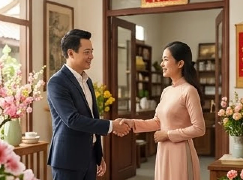 Chọn ngày tốt cho tuổi Tỵ: bảng lịch 12 tháng và văn khấn 6 Hai người đối tác đang tươi cười bắt tay nhau trong buổi lễ khai trương cửa hàng