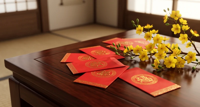 Phong bao lì xì đỏ thắm và cành mai vàng rực rỡ đón chào vị khách đầu năm xông đất
