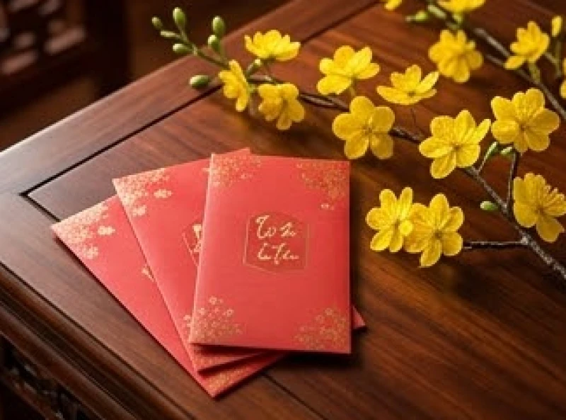 Lì xì đỏ và cành mai vàng tượng trưng cho sự may mắn từ người hợp tuổi xông nhà đầu năm