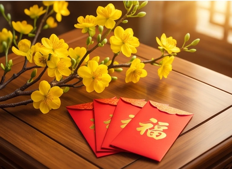 Cành mai vàng rực rỡ khoe sắc bên cạnh bao lì xì đỏ mang đến không khí đón xuân cát tường