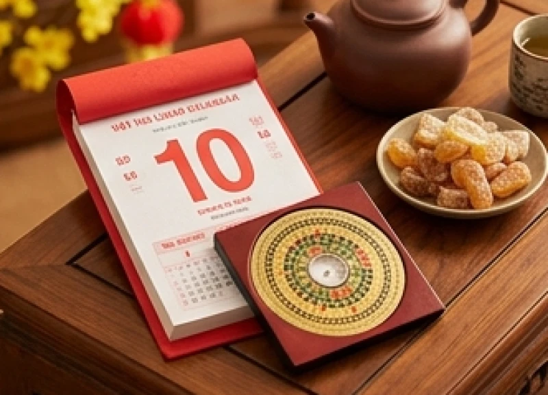 Cuốn lịch đỏ và la bàn phong thủy đặt trên bàn trà ngày Tết