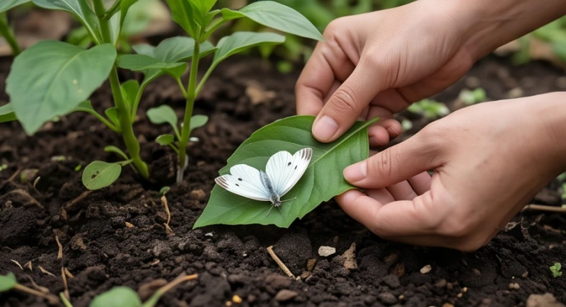 Một đôi bàn tay cẩn thận dùng lá cây tươi để đưa xác bướm trắng đặt xuống nền đất dưới gốc cây
