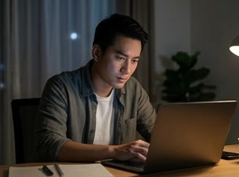 Người chồng ngồi làm việc muộn bên máy tính trong đêm, để lộ dấu hiệu căng thẳng với áp lực công việc