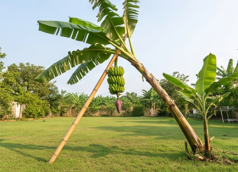 Chuối trổ hoa lạ là điềm gì: Giải mã khoa học và cách xử lý 10 Thân cây chuối nứt bẹ nghiêng hẳn sang một bên nhưng được neo giữ an toàn giữa không gian vườn rộng