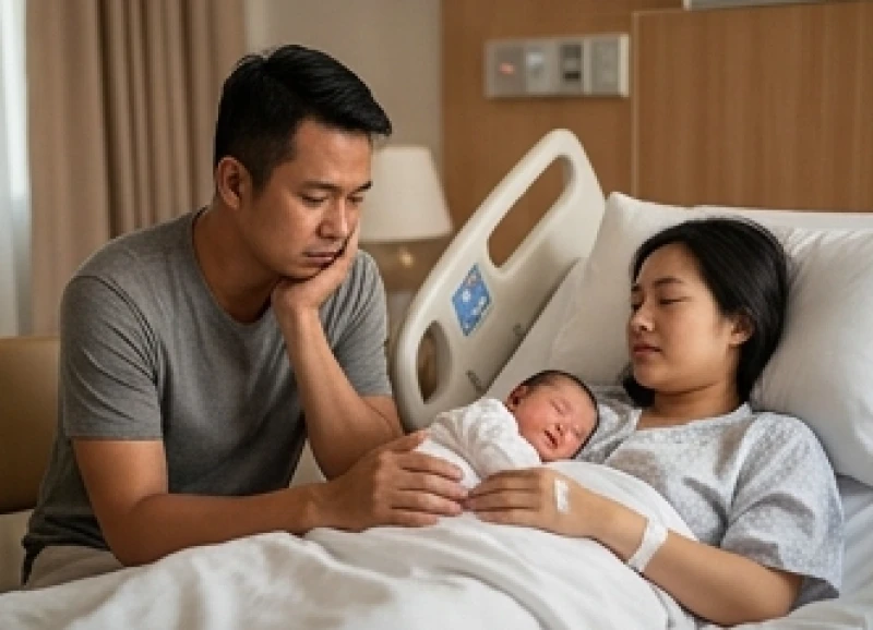 Người chồng âu yếm nhìn vợ hiền và đứa con mới chào đời nhưng trong lòng mang theo nhiều suy tư