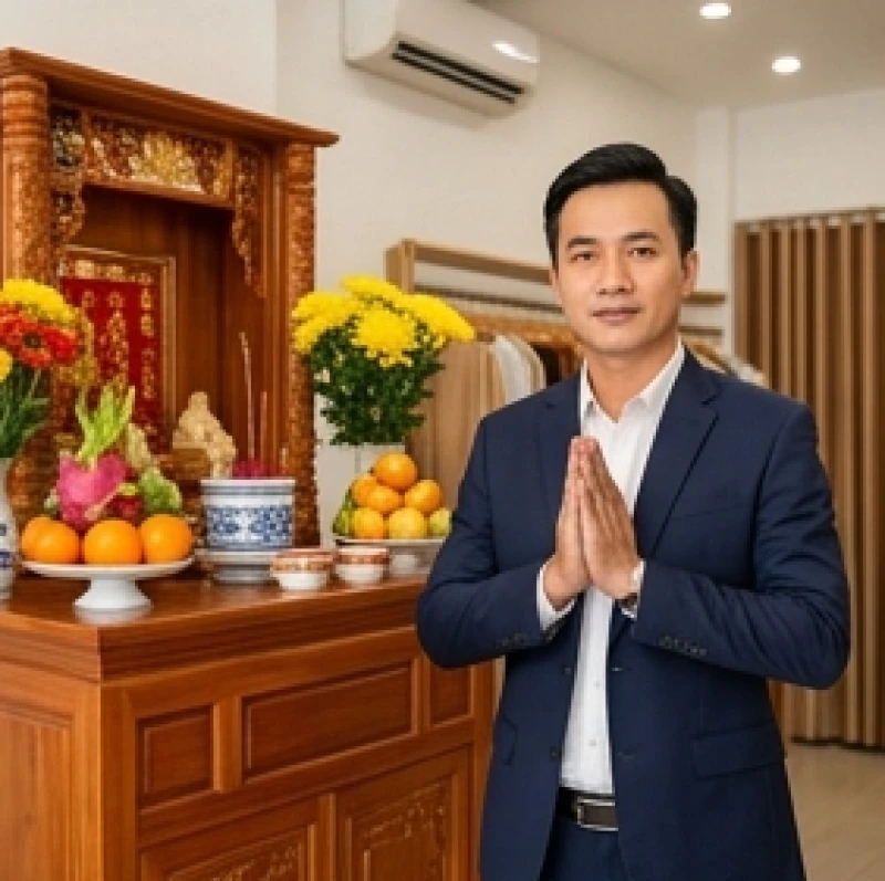 Chủ cơ sở kinh doanh chắp tay thành tâm đọc văn khấn vía Thần Tài tại cửa hàng trước mâm lễ