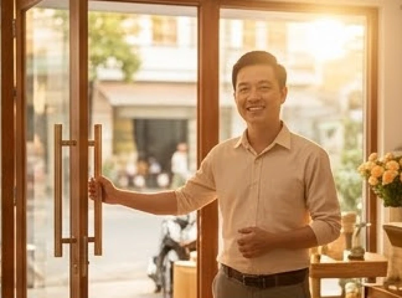 Nụ cười rạng rỡ của người chủ cửa hàng khi chào đón vị khách đầu tiên bước vào mua sắm trong ngày mở cửa
