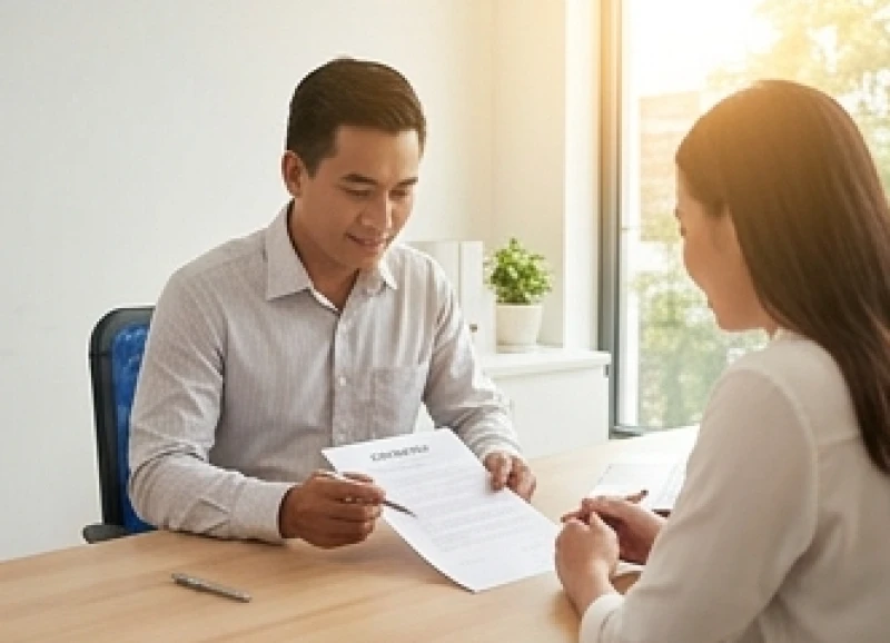 Người chủ tuổi Tuất đang tư vấn chi tiết các điều khoản hợp đồng cho khách hàng