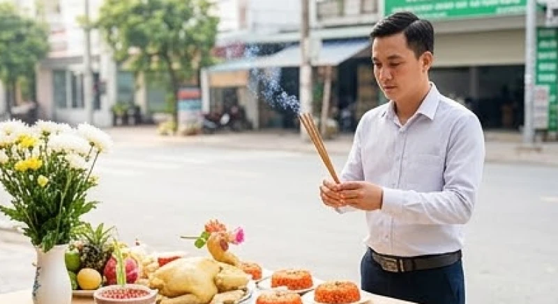 Văn khấn khai trương cửa hàng: Mẫu bài cúng và trình tự nghi lễ 2 Người chủ cửa hàng đang cầm nhang thắp trước mâm cúng khai trương vào giờ hoàng đạo