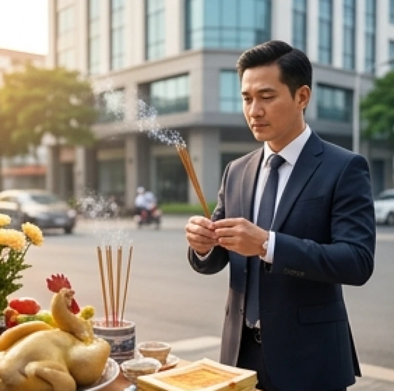 Người chủ doanh nghiệp mặc trang phục lịch sự đứng trang nghiêm thắp hương trước mâm lễ cúng khai trương