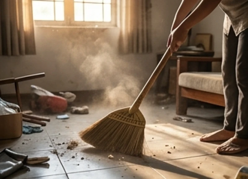 Mơ thấy nhà bừa bộn: Giải mã điềm báo tâm lý và số lộc 7 Đôi bàn tay đang cầm chổi chủ động quét dọn lại một căn phòng ngổn ngang đồ đạc bụi bặm