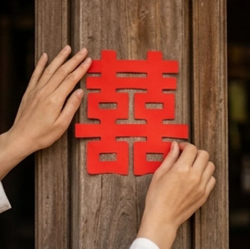 Tuổi Dần nên cưới vào năm nào: Cách tự tính Kim Lâu và mốc đại cát 10 Bàn tay dán tỉ mỉ chữ song hỷ bằng giấy đỏ rực rỡ lên khung cửa gỗ mộc, chuẩn bị chu đáo cho những mốc đại cát trong tương lai