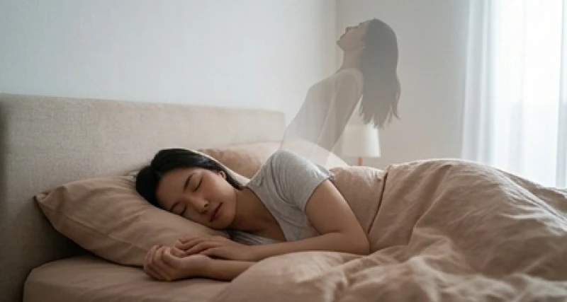 Người ngủ say trên giường trong khi linh hồn như đang bay lên, minh họa quá trình giải phóng căng thẳng cơ bắp