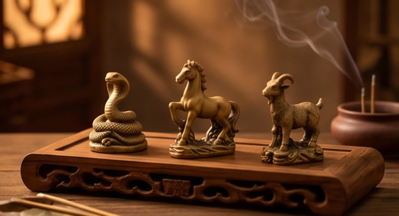 Ba bức tượng con giáp Tỵ Ngọ Mùi tượng trưng cho các năm tam tai của người tuổi Mão
