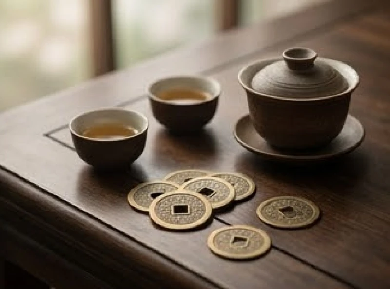 Bàn trà truyền thống với ấm trà cổ và những đồng xu phong thủy tượng trưng cho chu kỳ thịnh suy