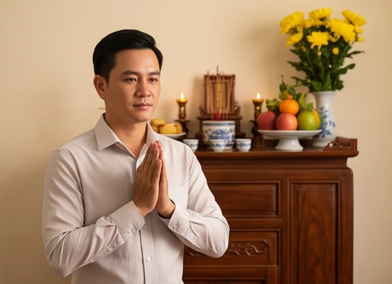 Văn khấn tạ bát hương 100 ngày: Sắm lễ và trình tự chuẩn 8 Người đàn ông mặc áo sơ mi chỉnh tề đứng chắp tay thành kính trước bàn thờ gia tiên
