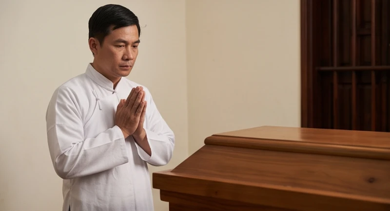 Văn khấn nhập quan: Bài cúng chuẩn truyền thống & sắm mâm lễ 3 Nam giới mặc áo sô gai đứng trang nghiêm chắp tay xướng đọc văn khấn trong tang lễ