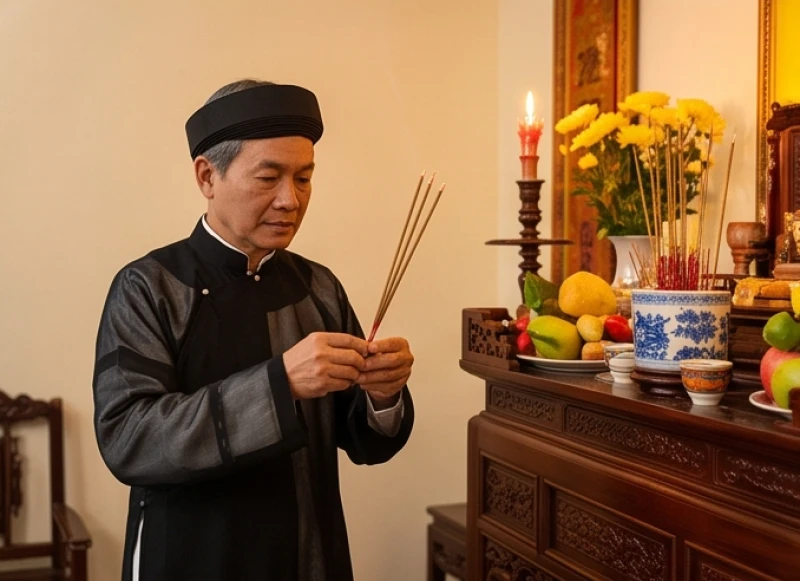 Văn khấn ngày giỗ ông bà: Quy tắc xưng hô và mâm cỗ 3 miền 8 Người chủ lễ mặc trang phục truyền thống chỉnh tề, thành tâm chắp tay thắp hương trước bàn thờ