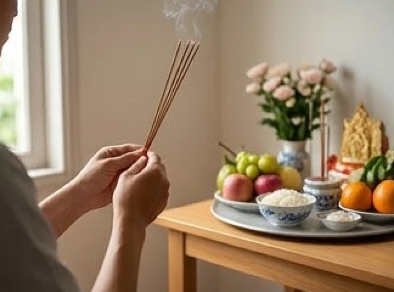 Người chủ lễ mặc trang phục lịch sự đang chắp tay thắp hương đọc văn khấn