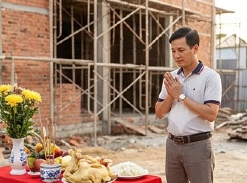 Người chủ nhà mặc trang phục lịch sự, chắp tay thành kính khấn vái trước bàn lễ đặt ngay giữa công trường đang xây dở
