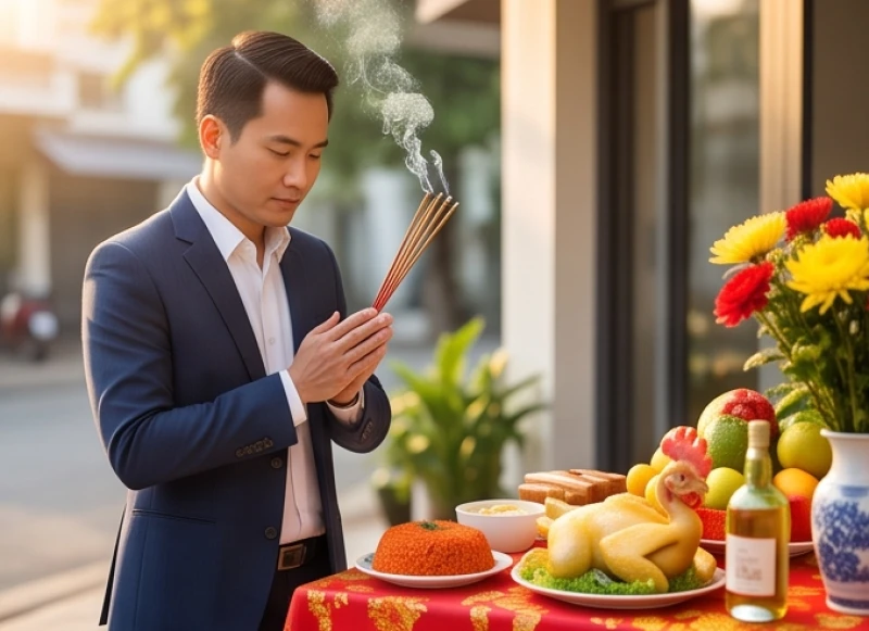 Văn khấn khai trương quán ăn: Bài cúng chuẩn và cách sắm mâm lễ 2 Chủ quán ăn mặc lịch sự chắp tay thắp hương trước mâm cúng khai trương để xướng danh thần linh