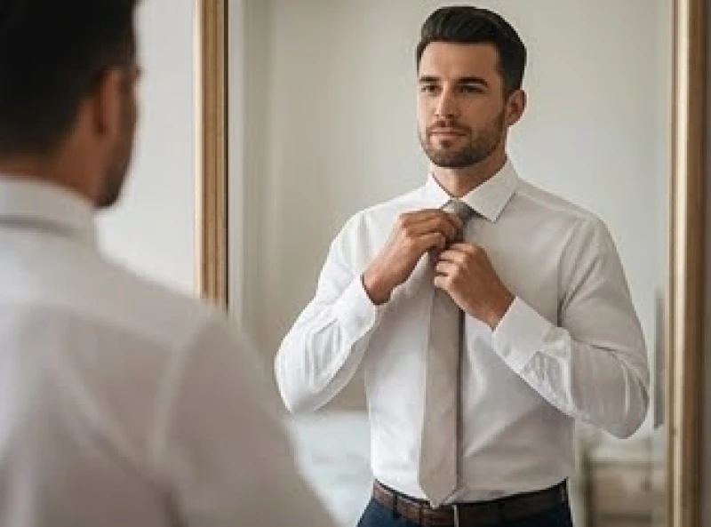 Mơ thấy cưới vợ là điềm gì: Phân tích kịch bản & số may mắn 1 Người đàn ông mặc áo sơ mi trắng chỉnh tề đang thắt cà vạt trước gương với vẻ mặt điềm tĩnh và quyết đoán