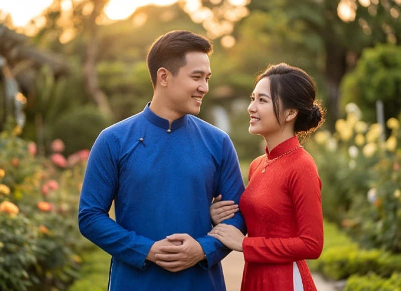 Chú rể rạng rỡ trong chiếc áo dài ngũ thân màu xanh đứng cạnh cô dâu e ấp trong tà áo đỏ