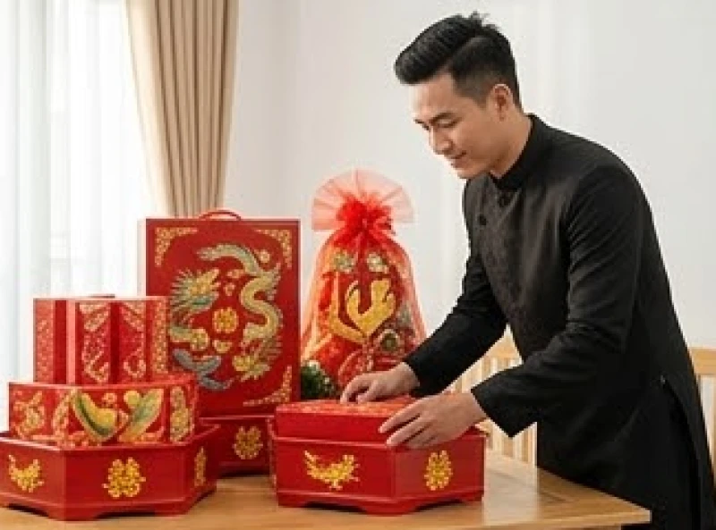 Chú rể Tân Mùi chuẩn bị các mâm tráp lễ vật truyền thống tươm tất cho ngày trọng đại vào năm Bính Ngọ