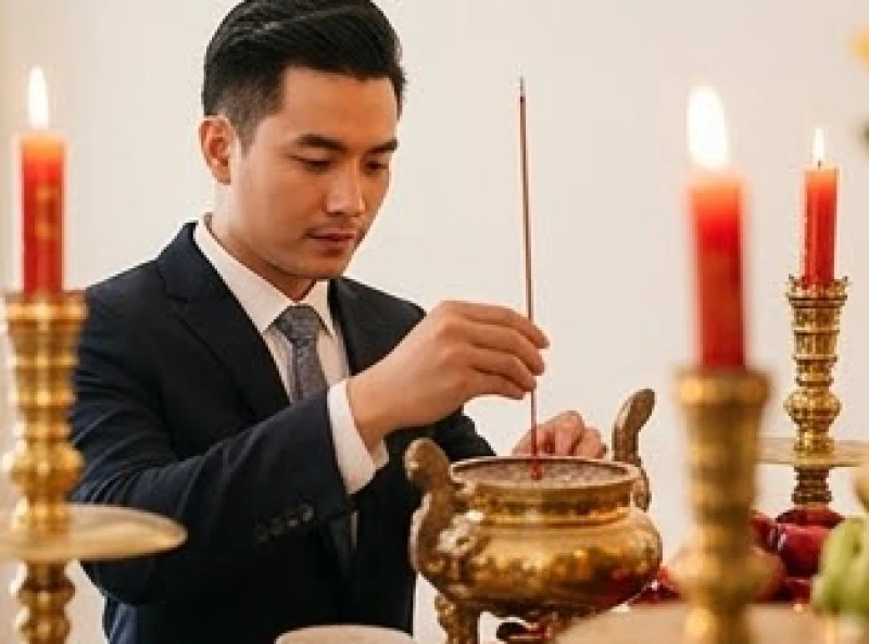 Chú rể mặc bộ vest lịch lãm tự tay thắp nén nhang thành kính dâng lên bàn thờ gia tiên